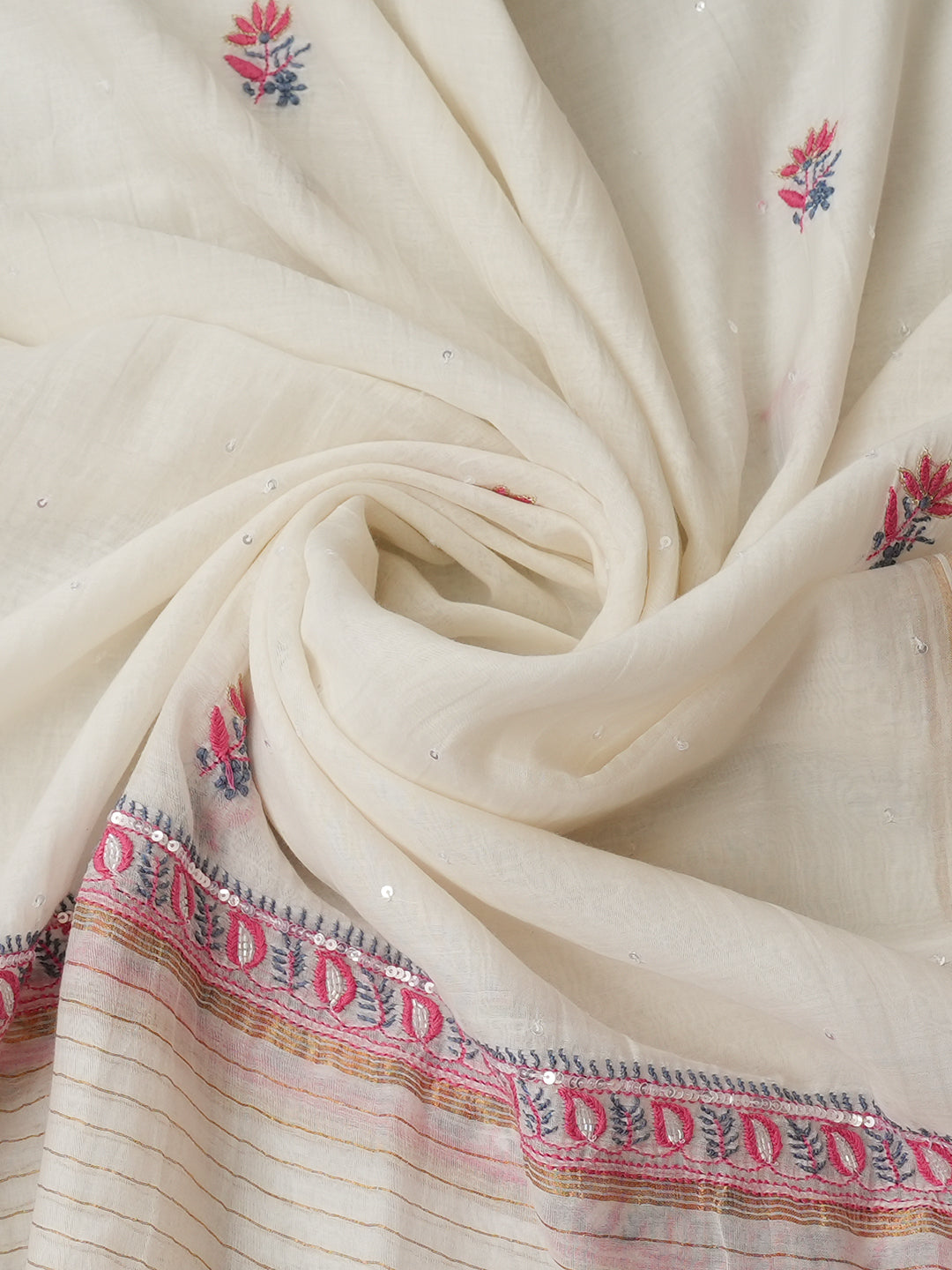 Ada White Chanderi Lucknowi Chikankari Unstitched Kurta Dupatta Set With Pearl Cutdana Sequinned & Zari Work 01A988204