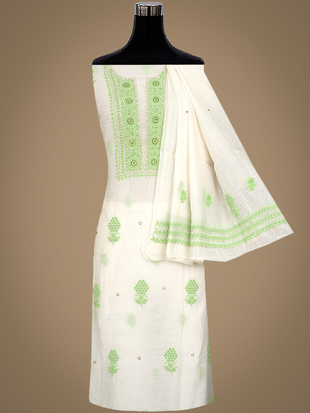Ada Hand Embroidered White Chanderi Lucknowi Chikankari Unstitched Kurta Dupatta Set With Pearl Work 01A548523
