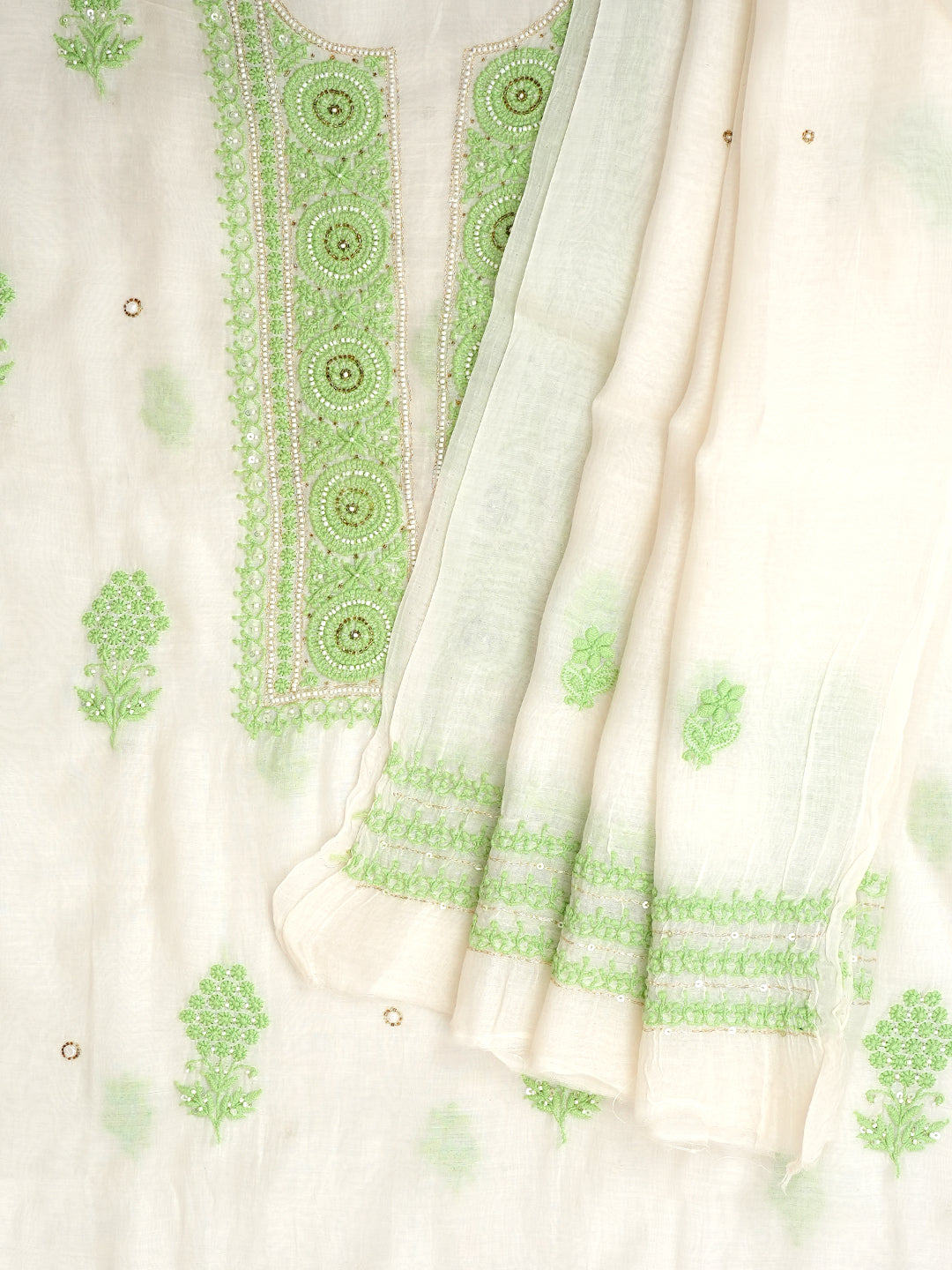 Ada Hand Embroidered White Chanderi Lucknowi Chikankari Unstitched Kurta Dupatta Set With Pearl Work 01A548523