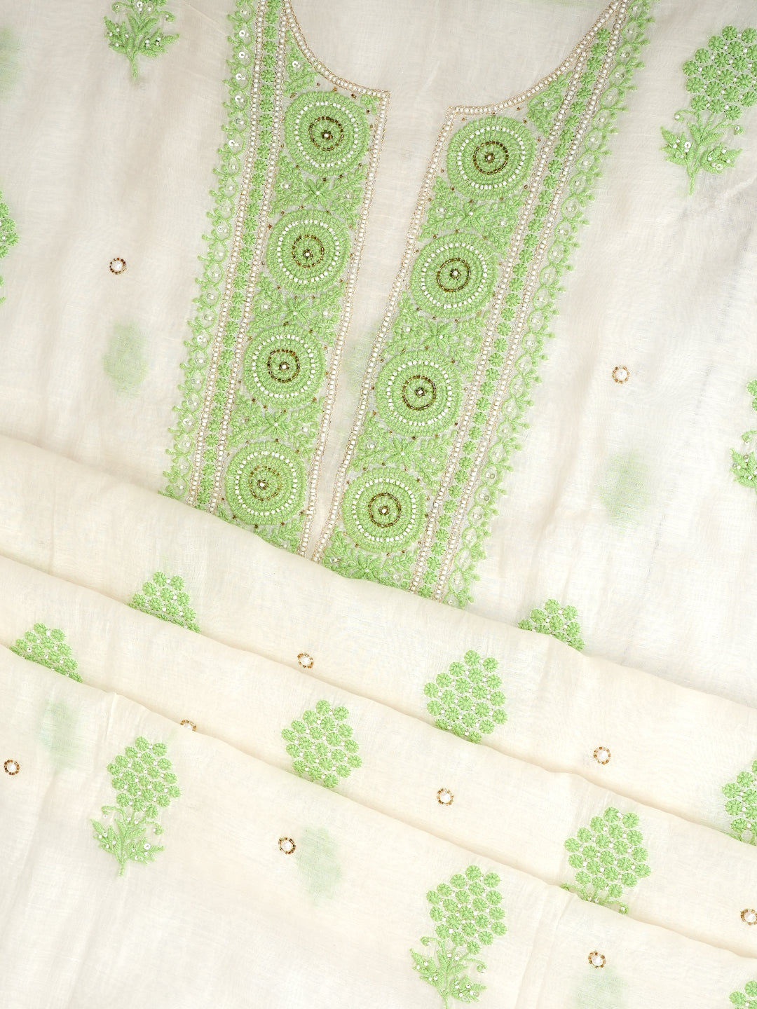 Ada Hand Embroidered White Chanderi Lucknowi Chikankari Unstitched Kurta Dupatta Set With Pearl Work 01A548523