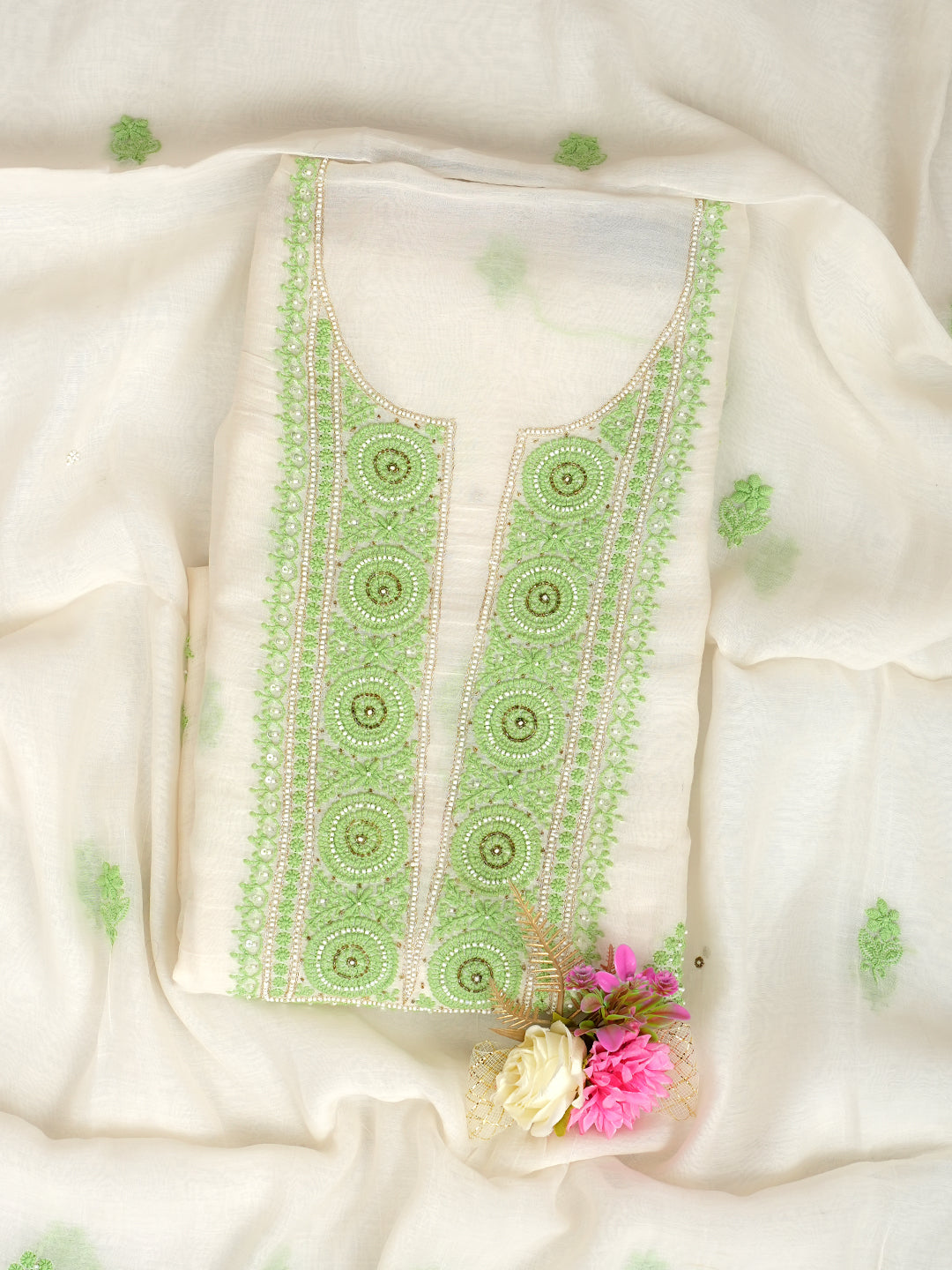 Ada Hand Embroidered White Chanderi Lucknowi Chikankari Unstitched Kurta Dupatta Set With Pearl Work 01A548523