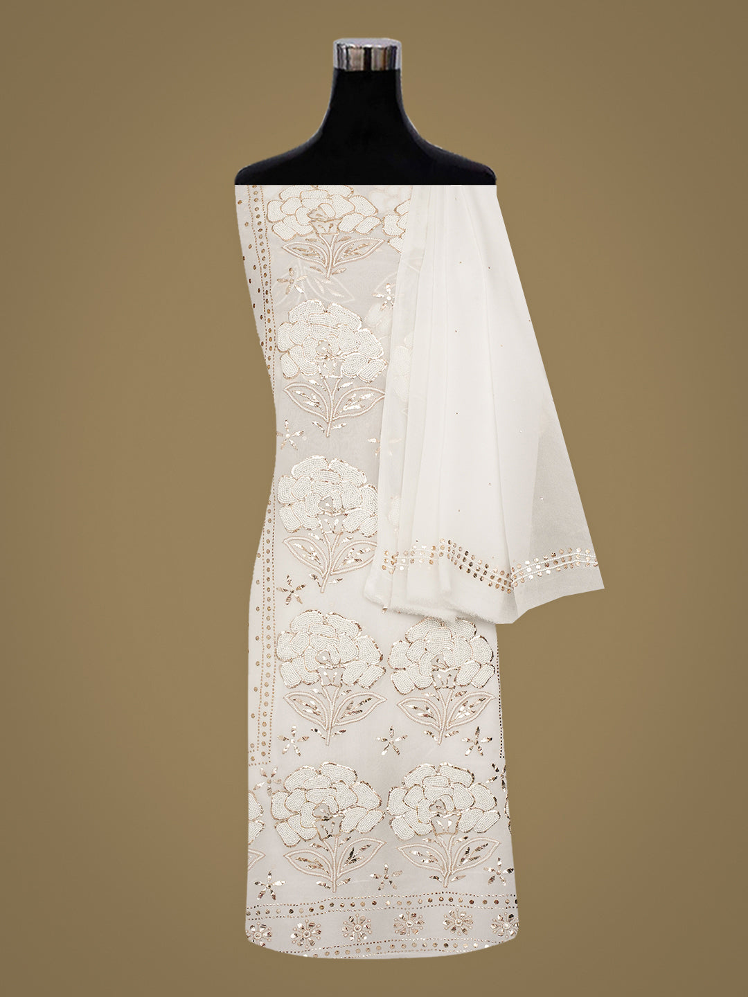 Ada White Viscose Georgette Lucknowi Chikankari Unstitched Kurta Dupatta Set With Pearl & Muqaish/Mukaish Work 01A991966