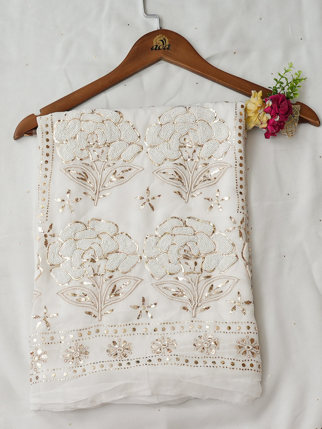 Ada White Viscose Georgette Lucknowi Chikankari Unstitched Kurta Dupatta Set With Pearl & Muqaish/Mukaish Work 01A991966