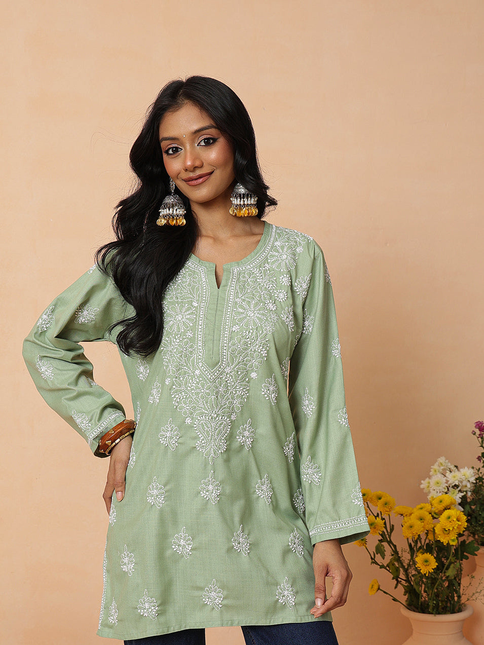 Ada Hand Embroidered Pista Green Cotton Lucknowi Chikankari Short Kurti A911569