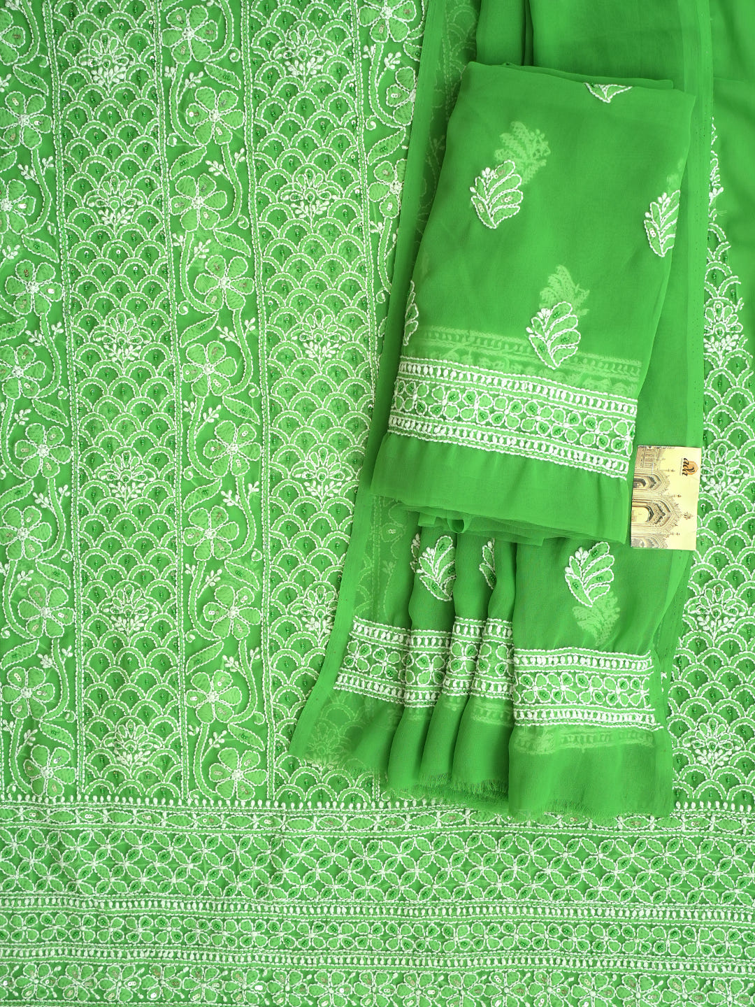 Ada Hand Embroidered Green Faux Georgette Lucknowi Chikankari Unstitched Suit Piece With Cutdana Work 01A821062_2