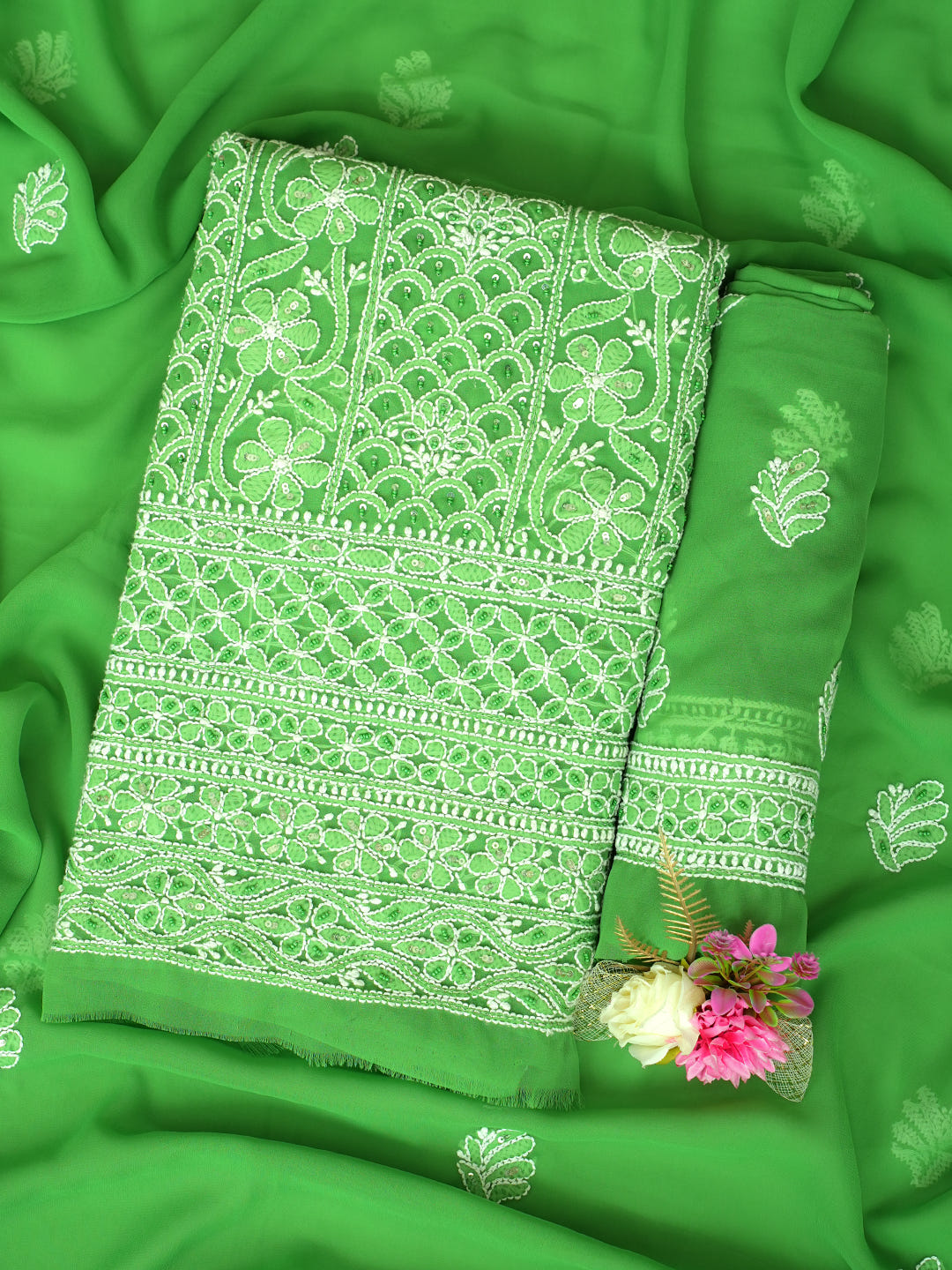 Ada Hand Embroidered Green Faux Georgette Lucknowi Chikankari Unstitched Suit Piece With Cutdana Work 01A821062_1