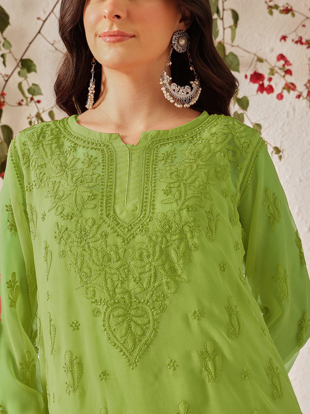 Ada Hand Embroidered Green Georgette Lucknowi Chikankari Short Kurti With Slip A911607_2