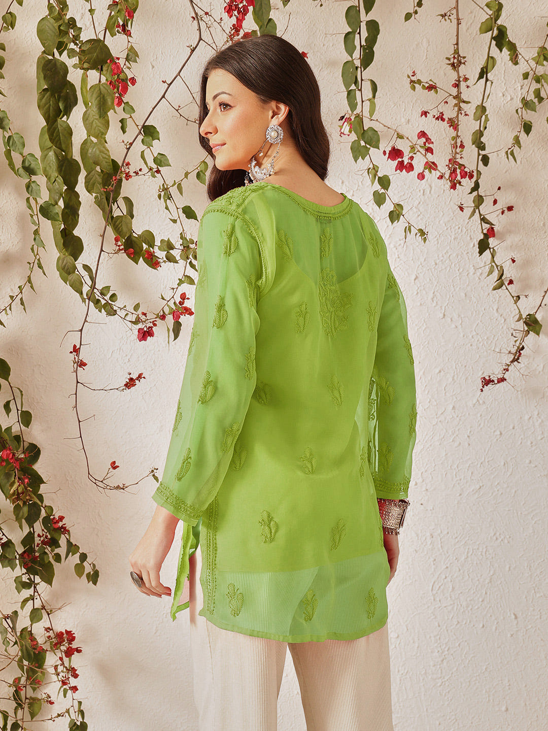 Ada Hand Embroidered Green Georgette Lucknowi Chikankari Short Kurti With Slip A911607_3