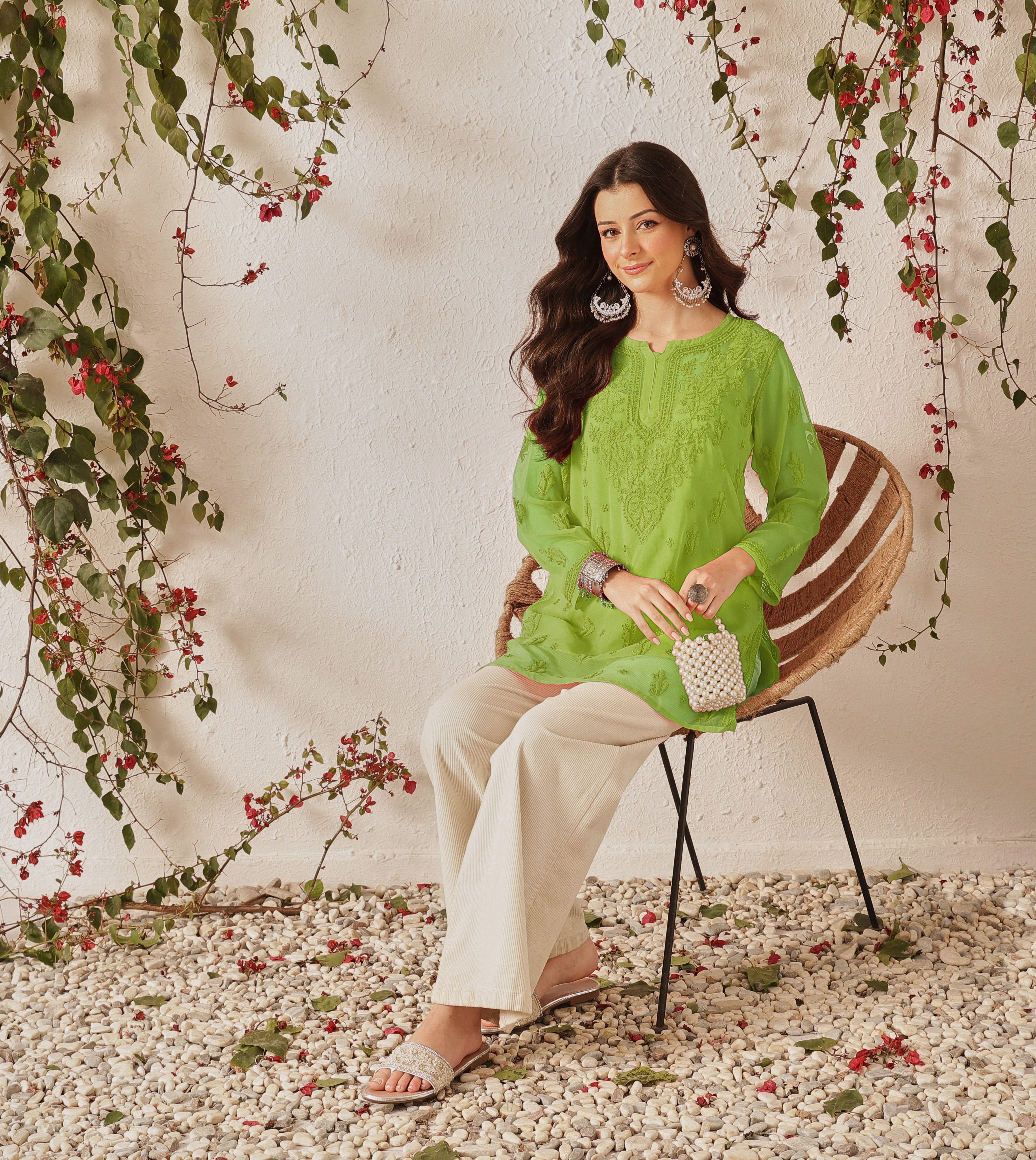 Ada Hand Embroidered Green Georgette Lucknowi Chikankari Short Kurti With Slip A911607_7