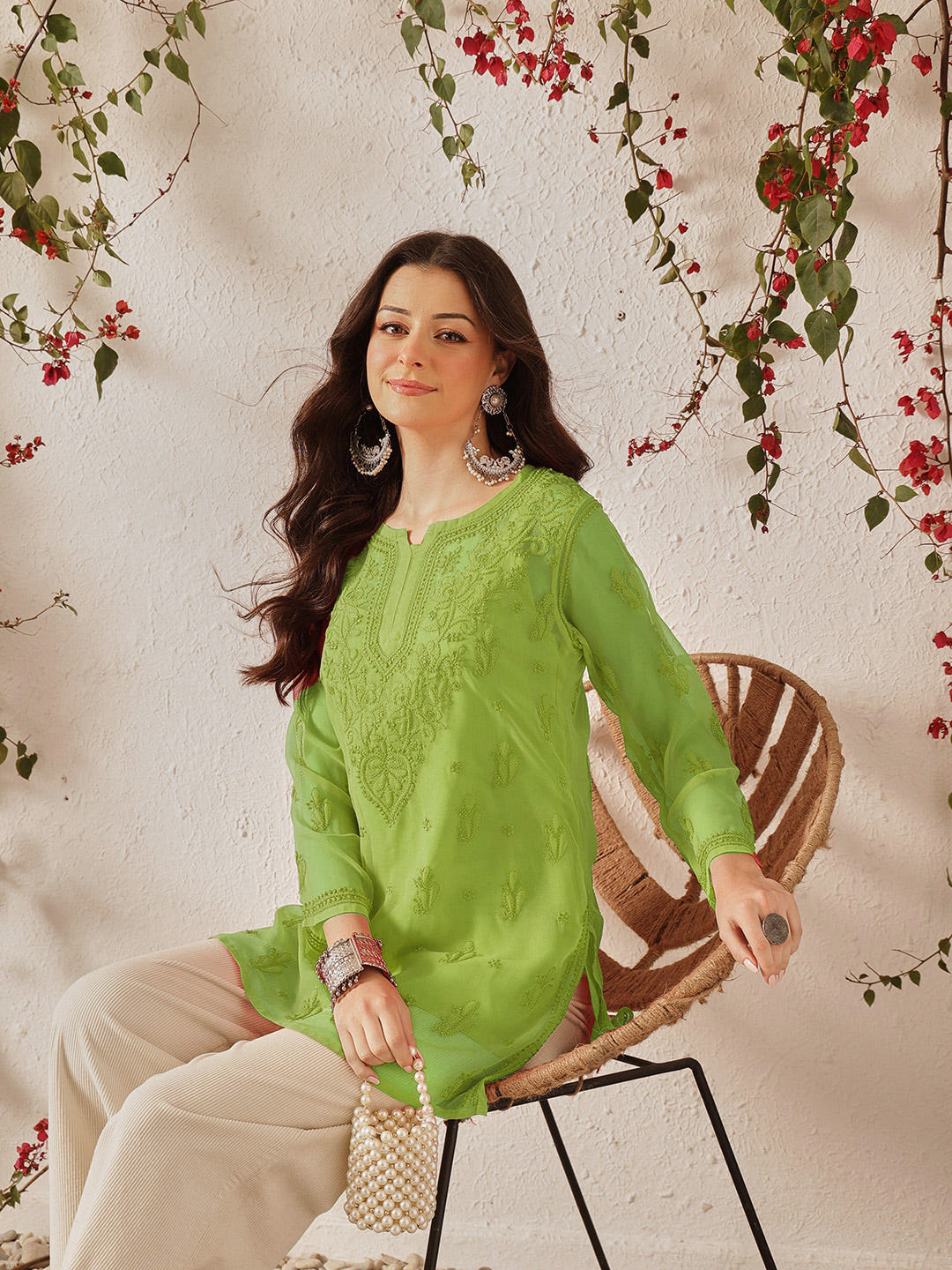 Ada Hand Embroidered Green Georgette Lucknowi Chikankari Short Kurti With Slip A911607_6