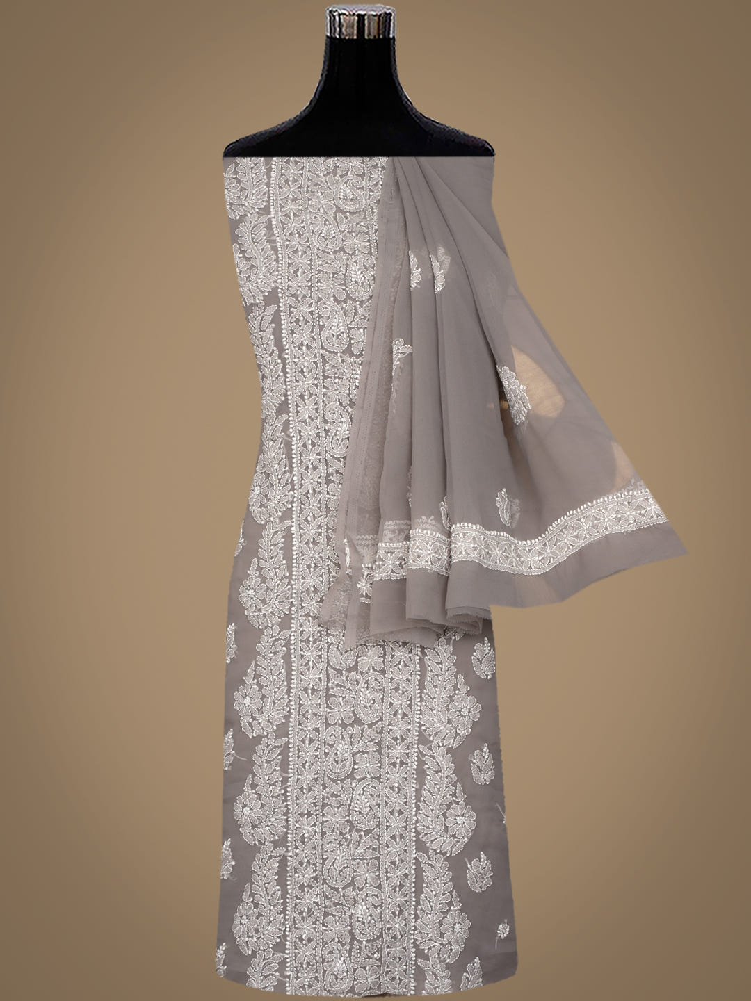 Ada Hand Embroidered Grey Faux Georgette Lucknowi Chikankari Unstitched Suit Piece 01A989161_4