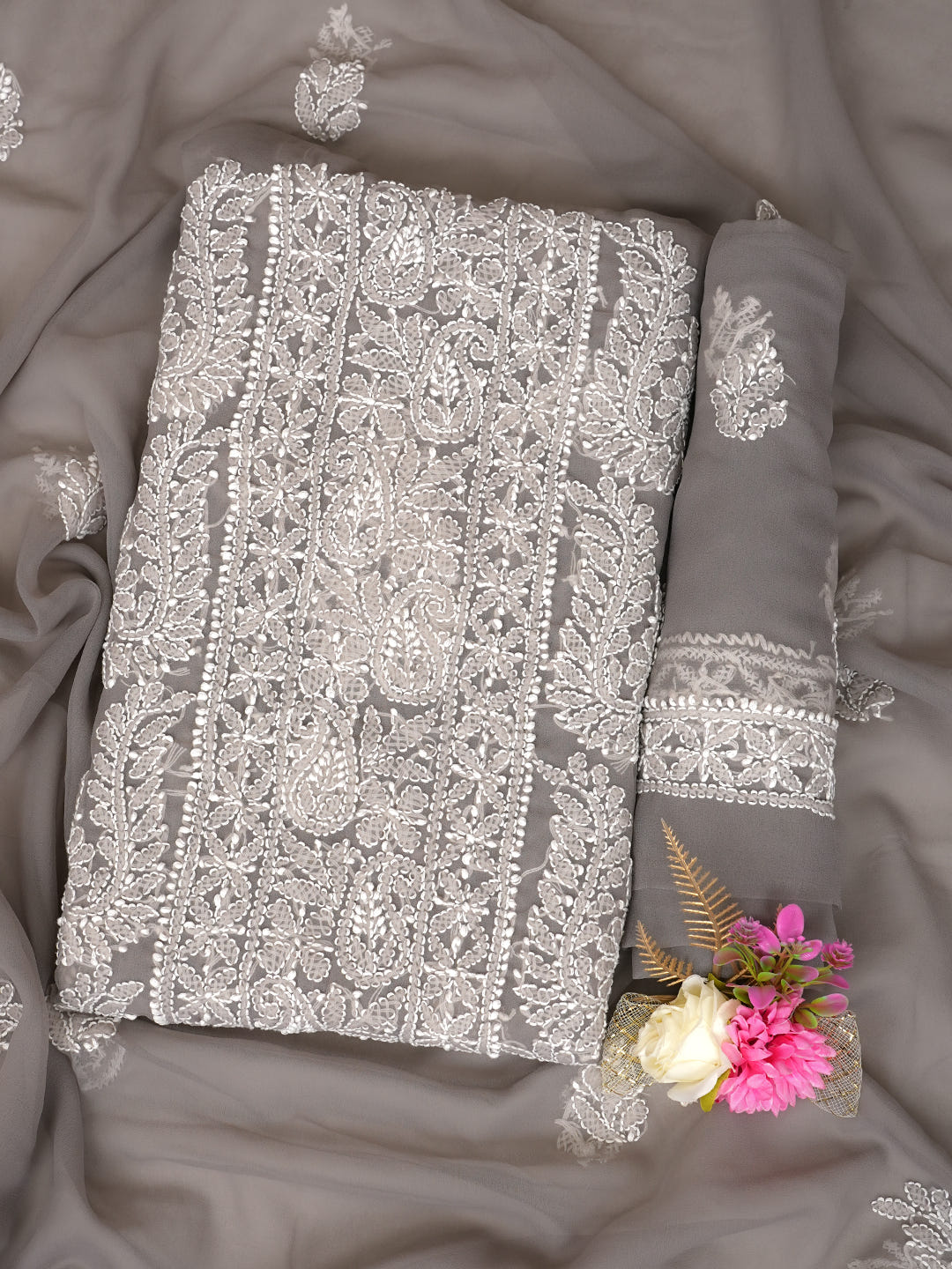Ada Hand Embroidered Grey Faux Georgette Lucknowi Chikankari Unstitched Suit Piece 01A989161_1
