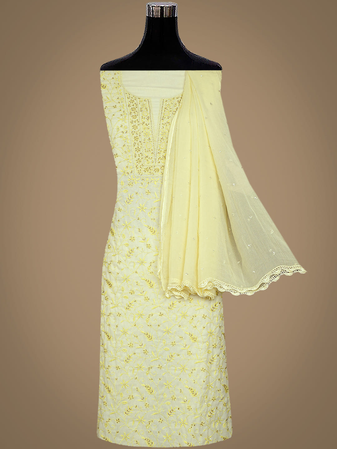 Ada Hand Embroidered Lemon Cotton Lucknowi Chikankari Unstitched Suit Piece With Cutdana Work 01A369748_9