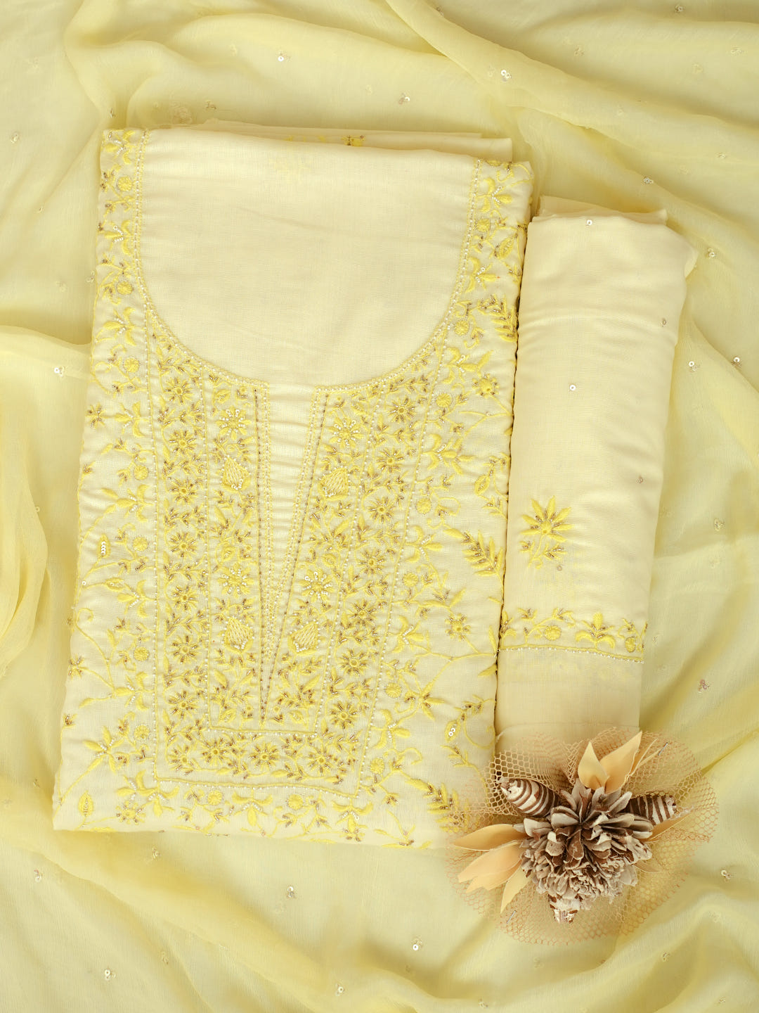 Ada Hand Embroidered Lemon Cotton Lucknowi Chikankari Unstitched Suit Piece With Cutdana Work 01A369748_1