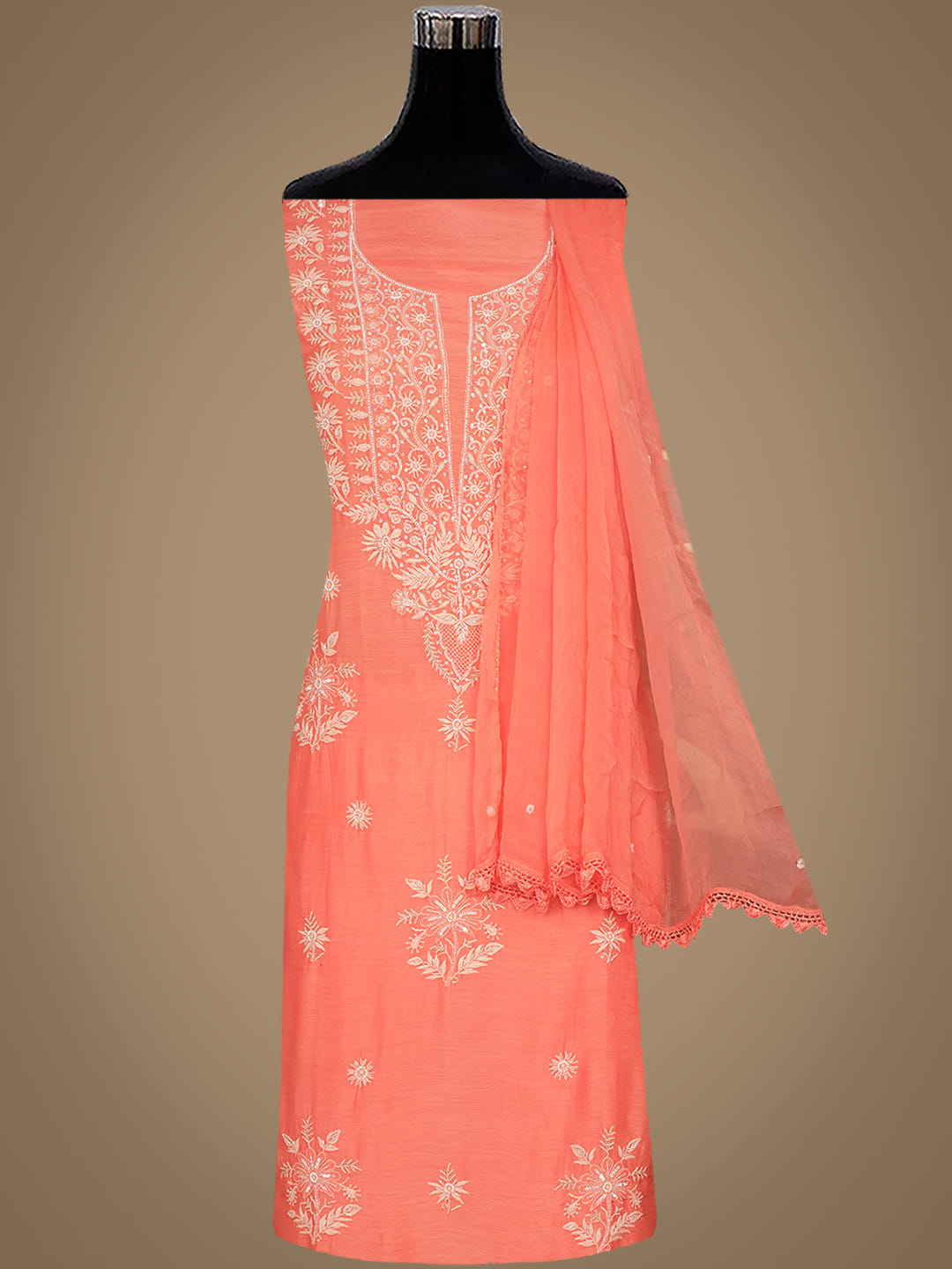 Ada Hand Embroidered Peach Maslin Lucknowi Chikankari Unstitched Suit Piece With Cutdana Work 01A618310_5