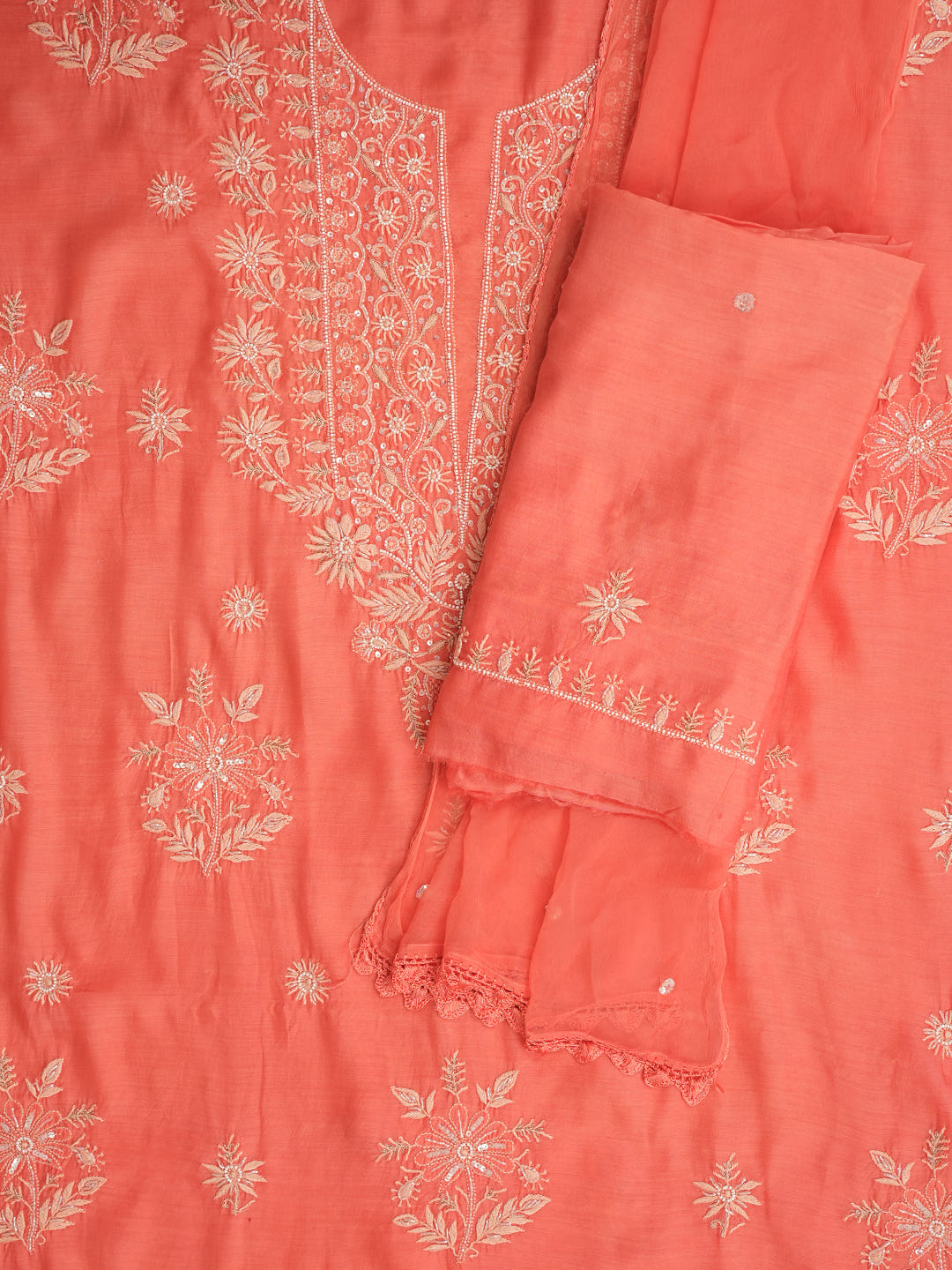 Ada Hand Embroidered Peach Maslin Lucknowi Chikankari Unstitched Suit Piece With Cutdana Work 01A618310_2