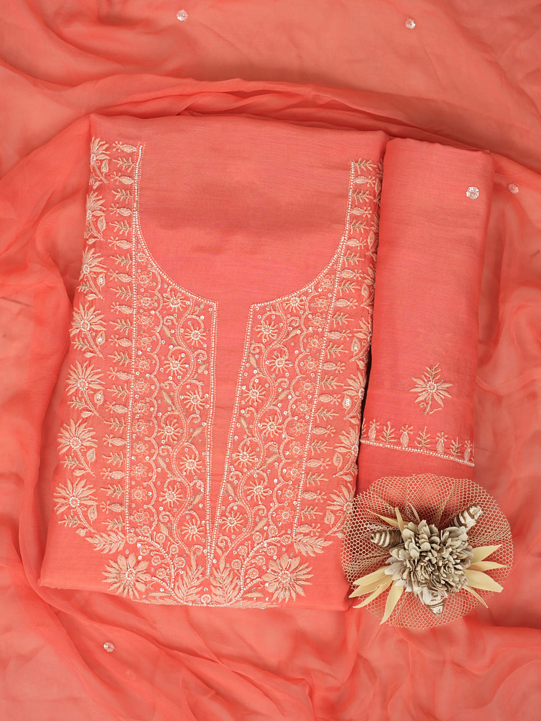 Ada Hand Embroidered Peach Maslin Lucknowi Chikankari Unstitched Suit Piece With Cutdana Work 01A618310_1