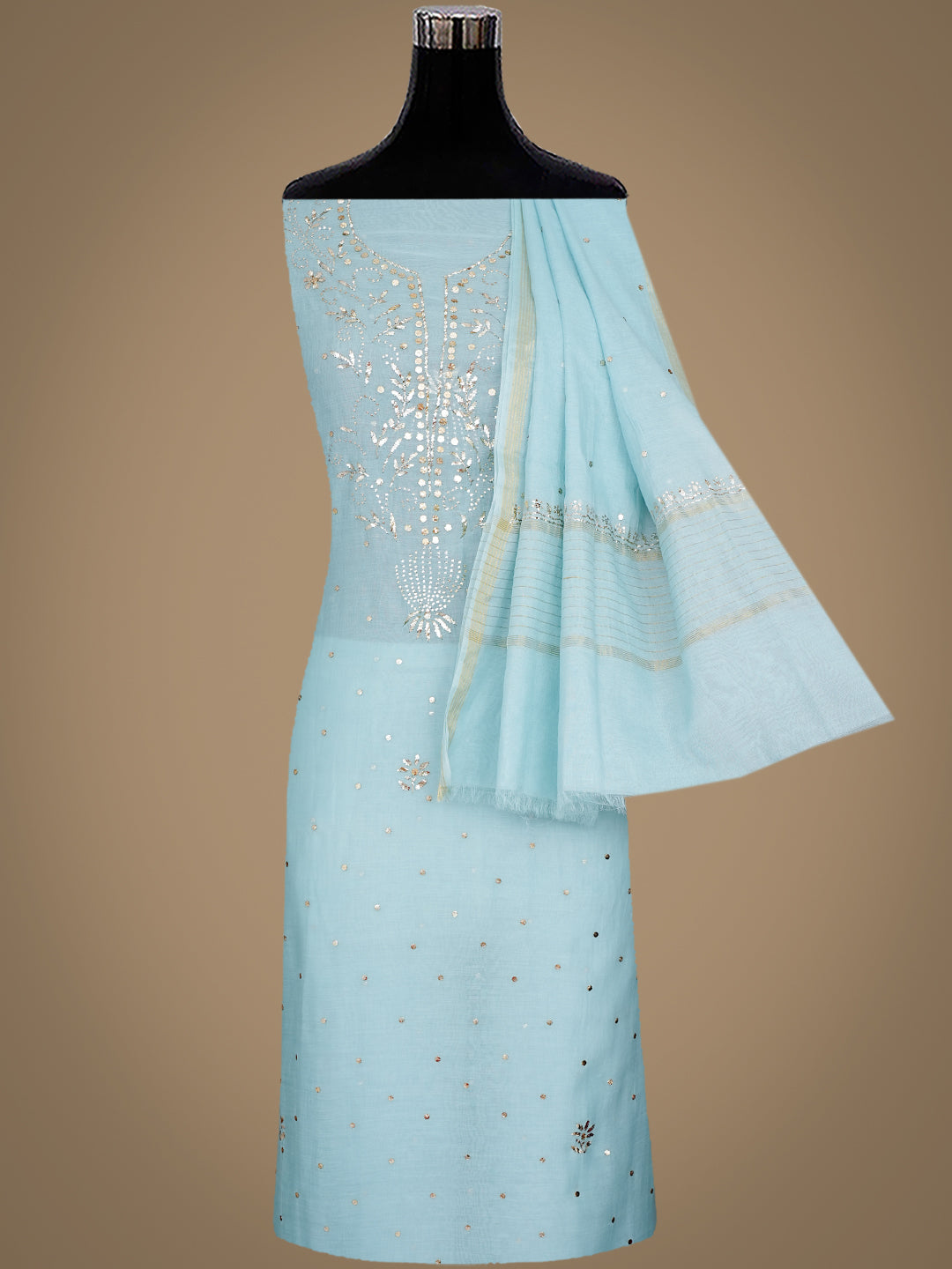 Ada Hand Embroidered Teal Blue Chanderi Unstitched Kurta Dupatta Set With Muqaish/Mukaish Work 01A987675