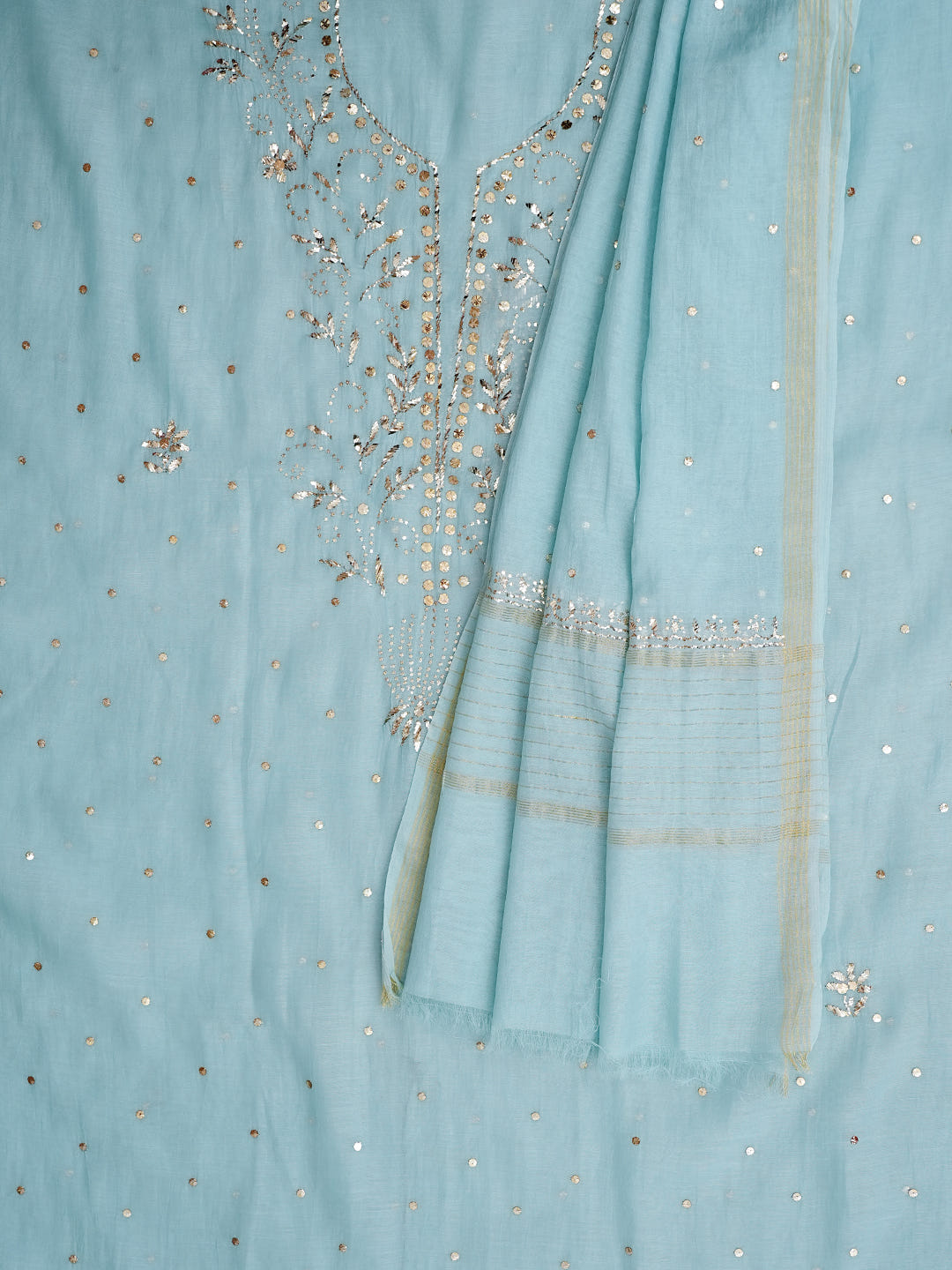 Ada Hand Embroidered Teal Blue Chanderi Unstitched Kurta Dupatta Set With Muqaish/Mukaish Work 01A987675