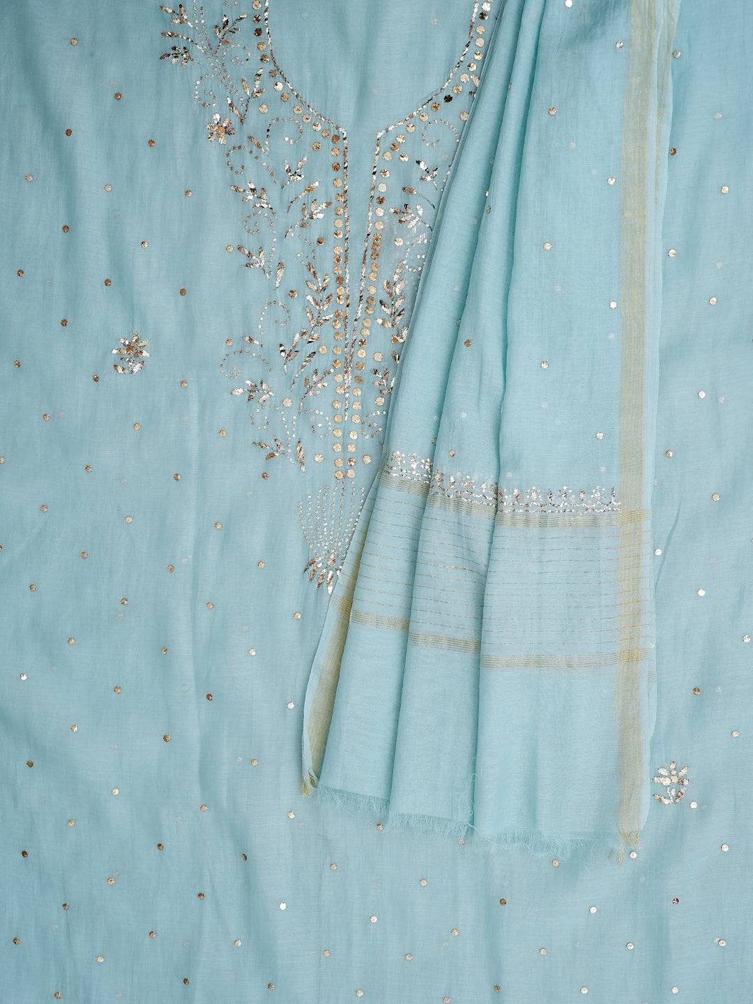 Ada Hand Embroidered Teal Blue Chanderi Unstitched Kurta Dupatta Set With Muqaish/Mukaish Work 01A987675
