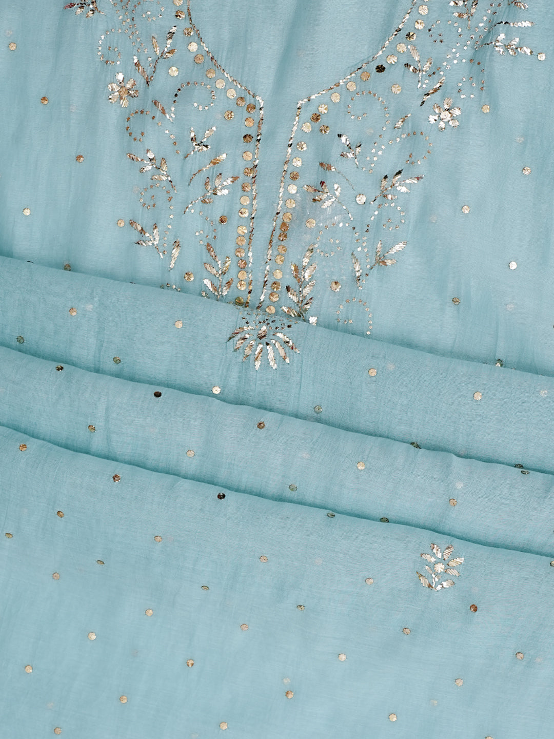 Ada Hand Embroidered Teal Blue Chanderi Unstitched Kurta Dupatta Set With Muqaish/Mukaish Work 01A987675