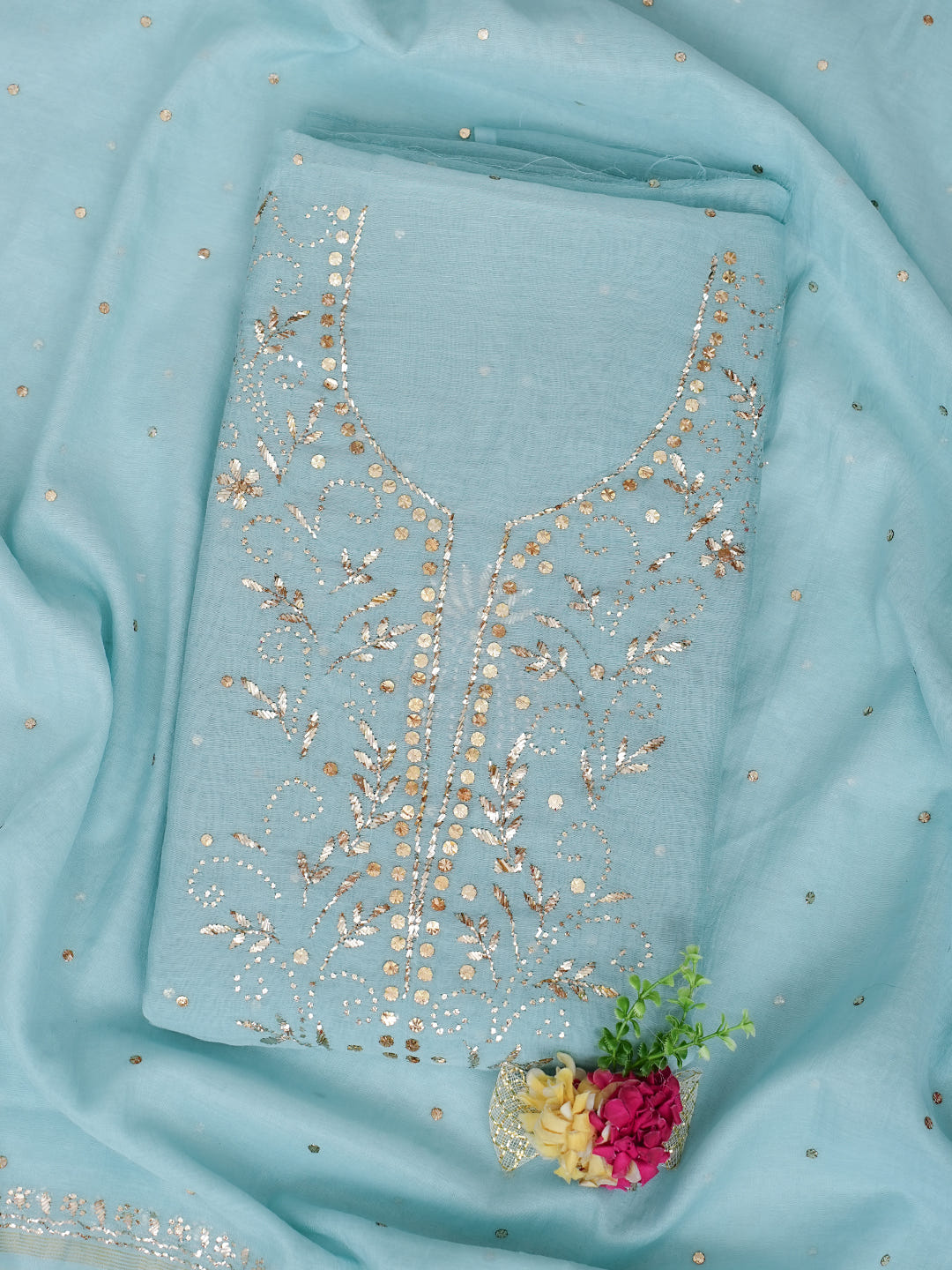 Ada Hand Embroidered Teal Blue Chanderi Unstitched Kurta Dupatta Set With Muqaish/Mukaish Work 01A987675