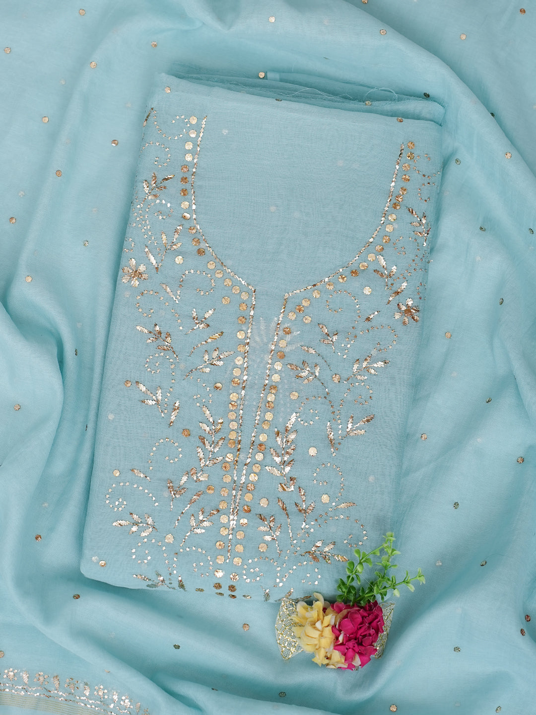 Ada Hand Embroidered Teal Blue Chanderi Unstitched Kurta Dupatta Set With Muqaish/Mukaish Work 01A987675