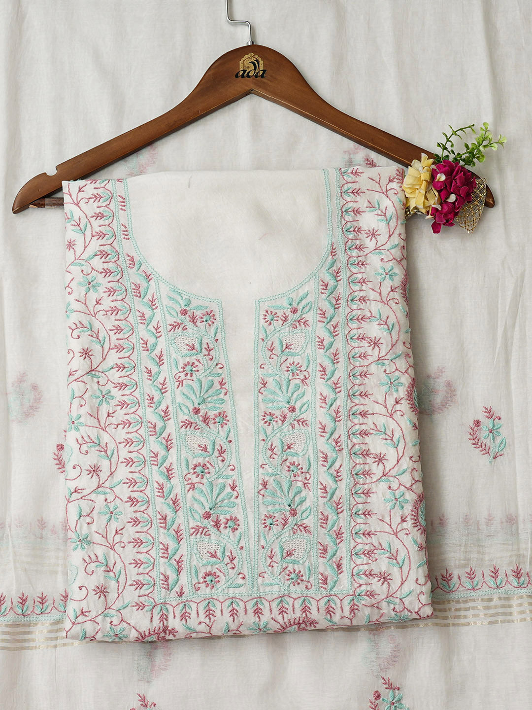 Ada Hand Embroidered White Chanderi Lucknowi Chikankari Unstitched Kurta Dupatta 01A955578