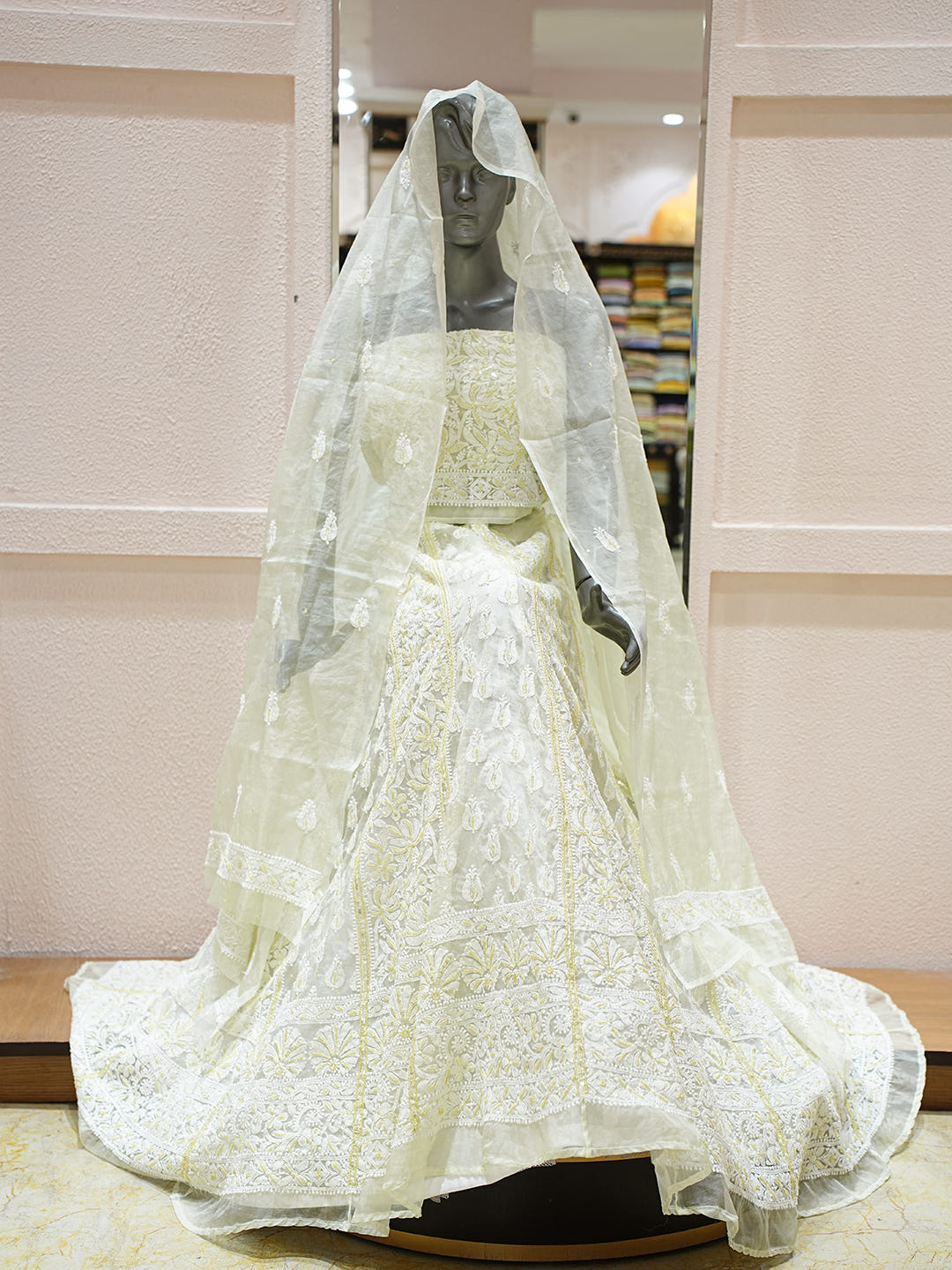 Ada Hand Embroidered Yellow Organza Lucknowi Chikankari Lehenga Set With Cutdana Work 01A999567_1
