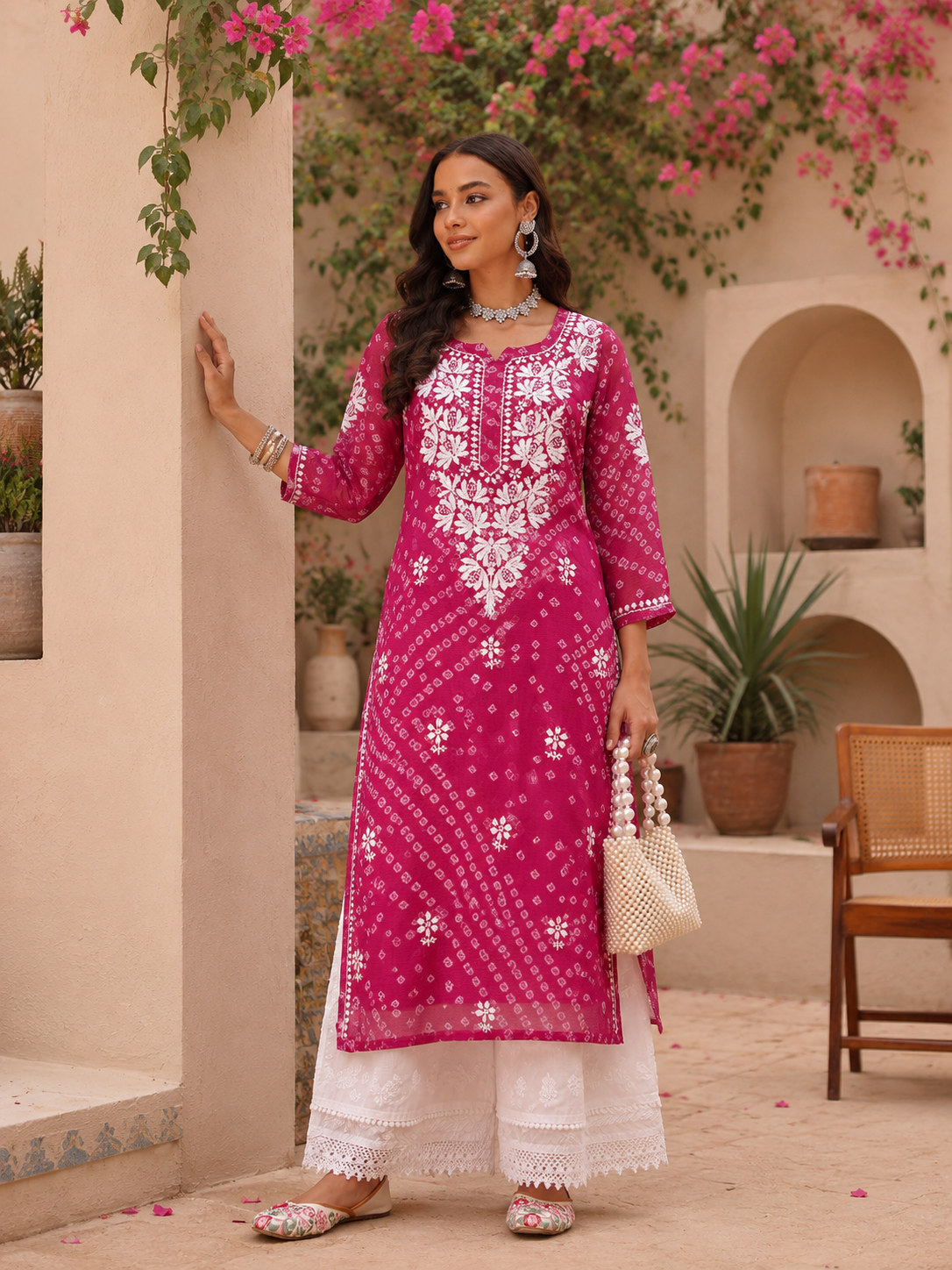 Ada Hand Embroidered Bandhani Printed Magenta Kota Lucknowi Chikankari Straight Kurta With Slip A411718