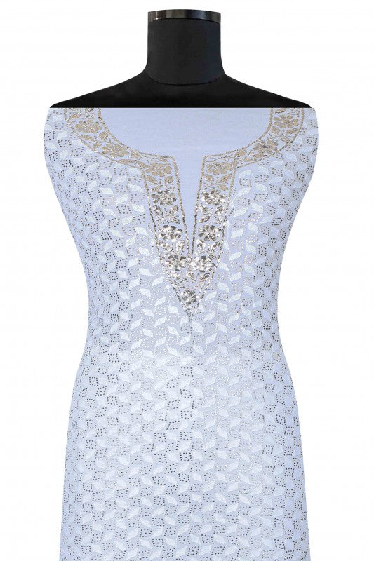 Ada Hand Embroidered White Georgette Lucknowi Chikan Unstitched Kurta Piece with Muqaish Work A617640