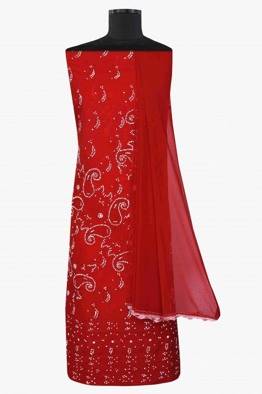Ada Hand Embroidered Red Cotton Lucknowi Chikan Unstitched Suit Piece–A100155
