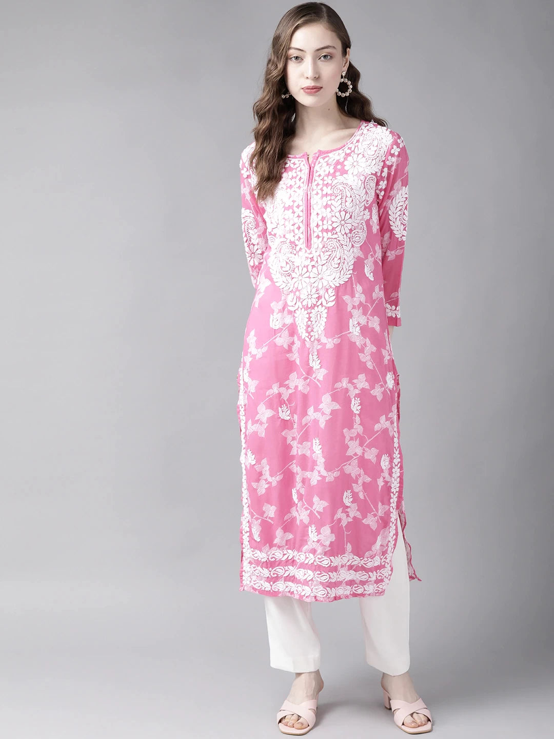 Ada Hand Embroidered Pink Cotton Lucknowi Chikankari Straight Kurta A411269