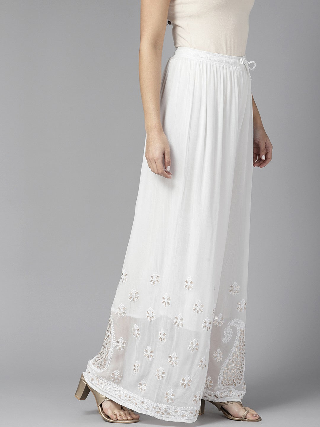 Ada Hand Embroidered White Georgette Lucknowi Chikankari Palazzo With Gota Patti Work A711168