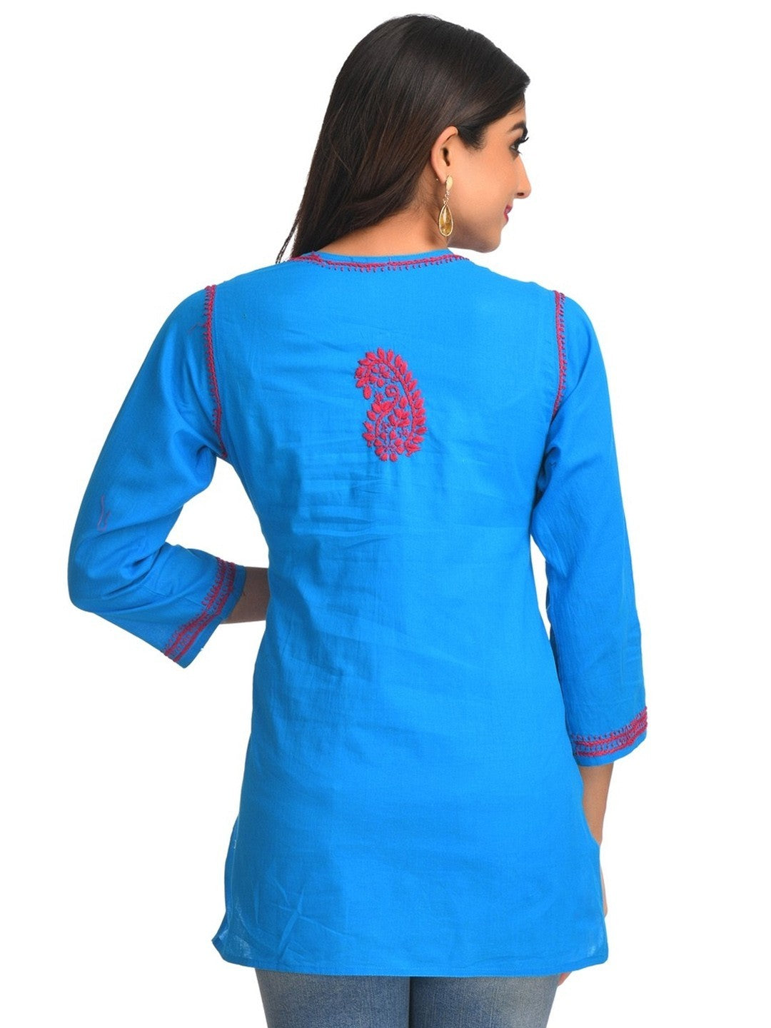 Ada Hand Embroidered Blue Cotton Lucknowi Chikankari Straight Kurti A250610
