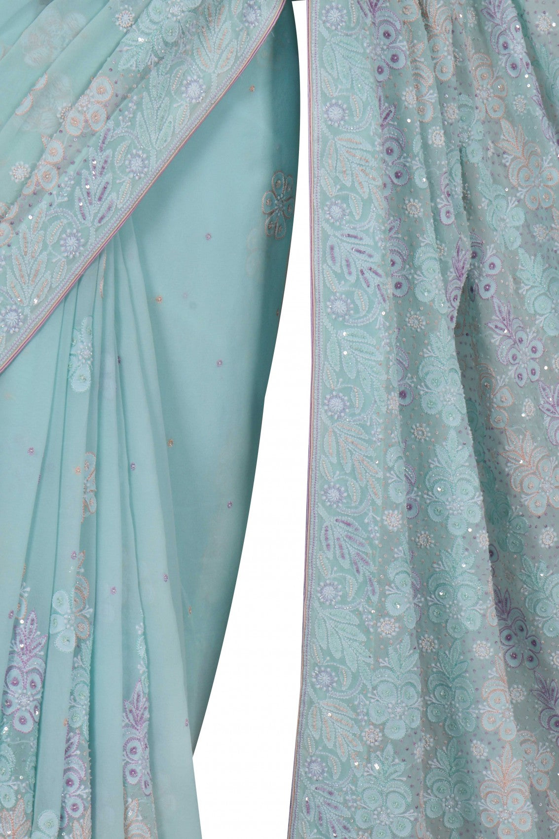 Ada Hand Embroidered Mint Green Pure Georgette Lucknowi Chikankari Saree/Blouse With Pearl Work 01A160567
