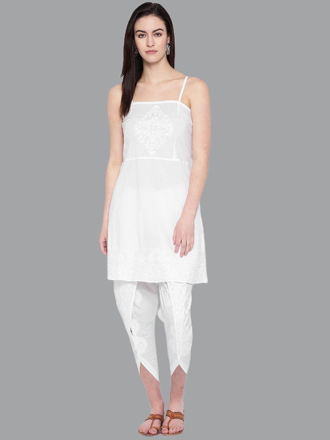 Ada Hand Embroidered White Cotton Lucknowi Chikankari Kurta With Dhoti A100137