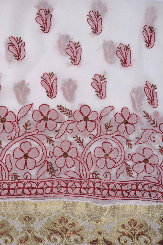 Ada Hand Embroidered White Georgette Lucknowi Chikan Unstitched Kurta Piece A117825