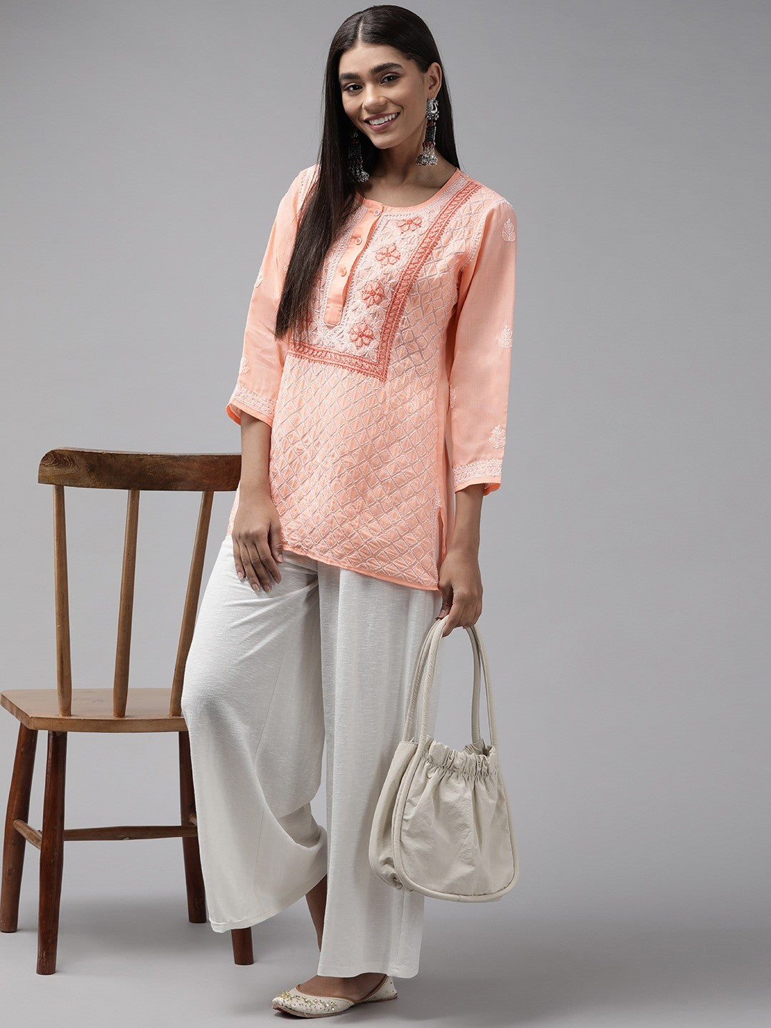 Ada Hand Embroidered Peach Cotton Lucknowi Chikankari Straight Kurti A911236