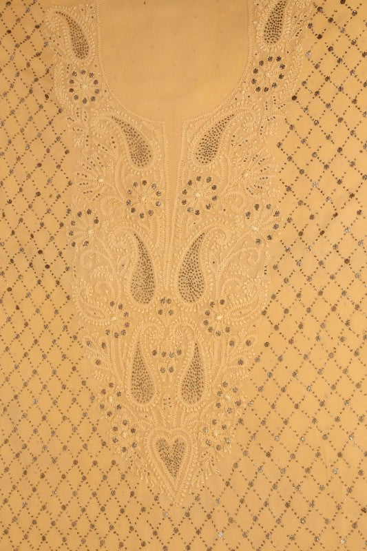 Ada Hand Embroidered Fawn Pure Georgette Lucknowi Chikan Unstitched Kurta Piece With Muqaish Work A302895