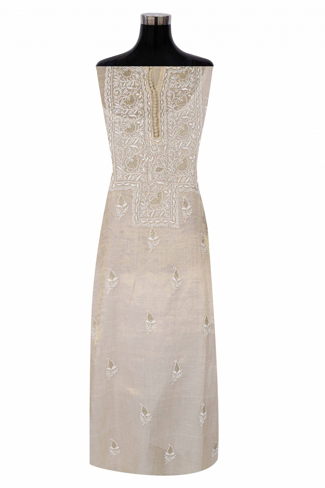 Ada Hand Embroidered Natural Fawn Tissue Lucknowi Chikankari Semi stitched Anarkali Kurta Dupatta Set With Zari Work 01A224436