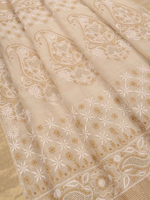 Ada Hand Embroidered Natural Fawn Tissue Lucknowi Chikankari Saree/Blouse With Zari Work A606168