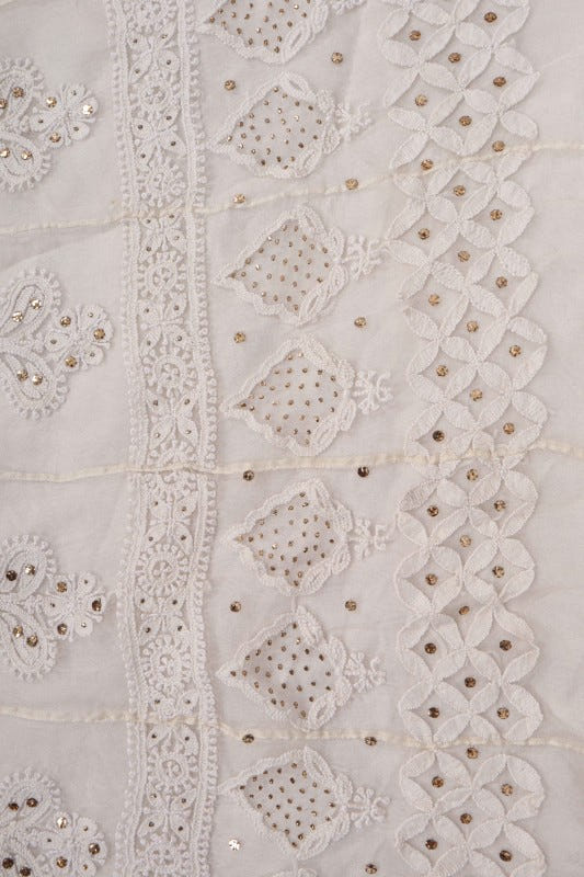 Ada Hand Embroidered White Organza Lucknowi Chikankari Semi-Stitched Anarkali Kurta Dupatta Set With Muqaish Work 01A63789