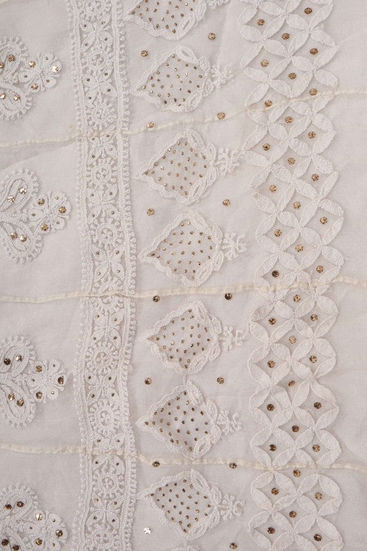 Ada Hand Embroidered White Organza Lucknowi Chikankari Semi-Stitched Anarkali Kurta Dupatta Set With Muqaish Work 01A63789