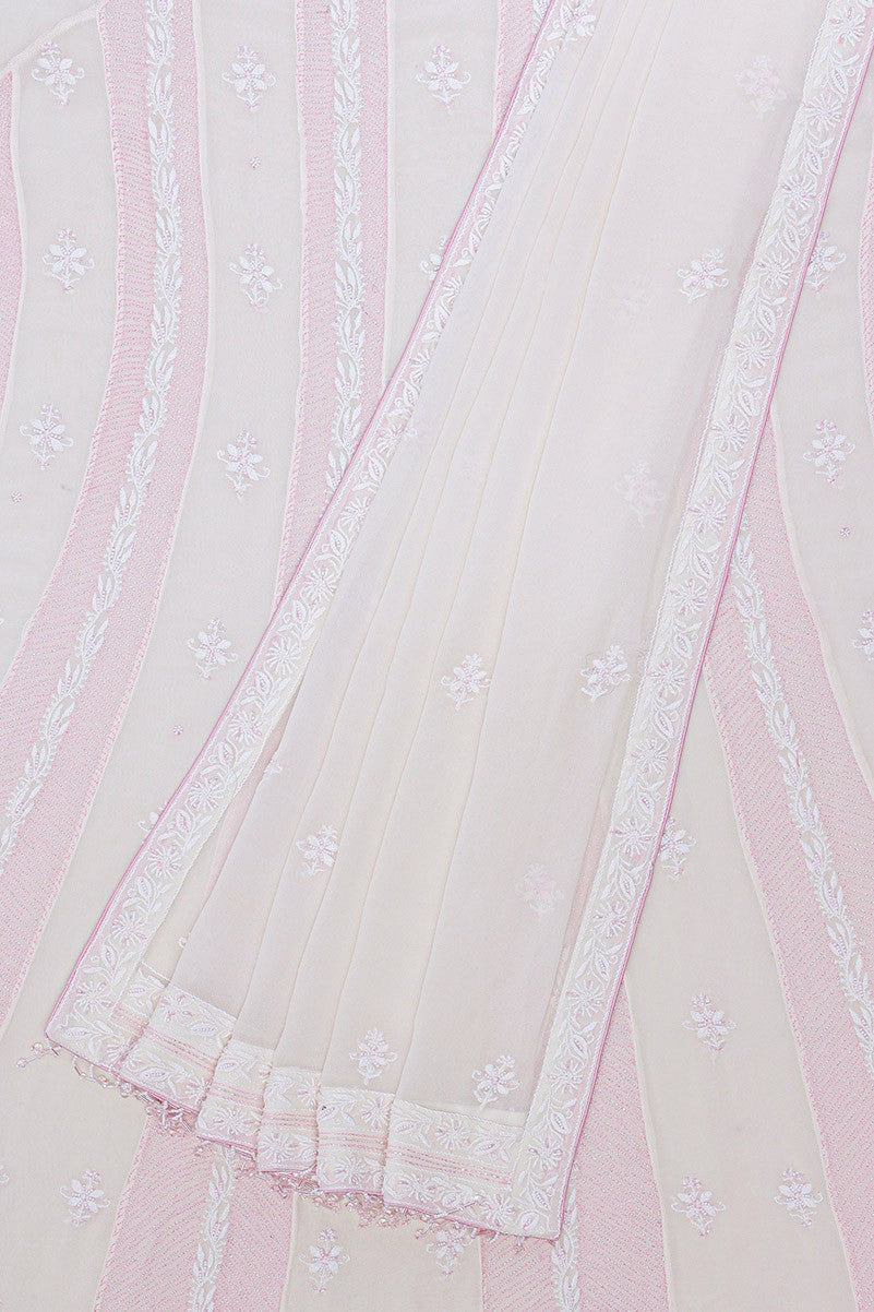 Ada Hand Embroidered White Pure Georgette Lucknowi Chikankari Semi-Stitched Anarkali Kurta Dupatta Set With Pearl Work-A617046