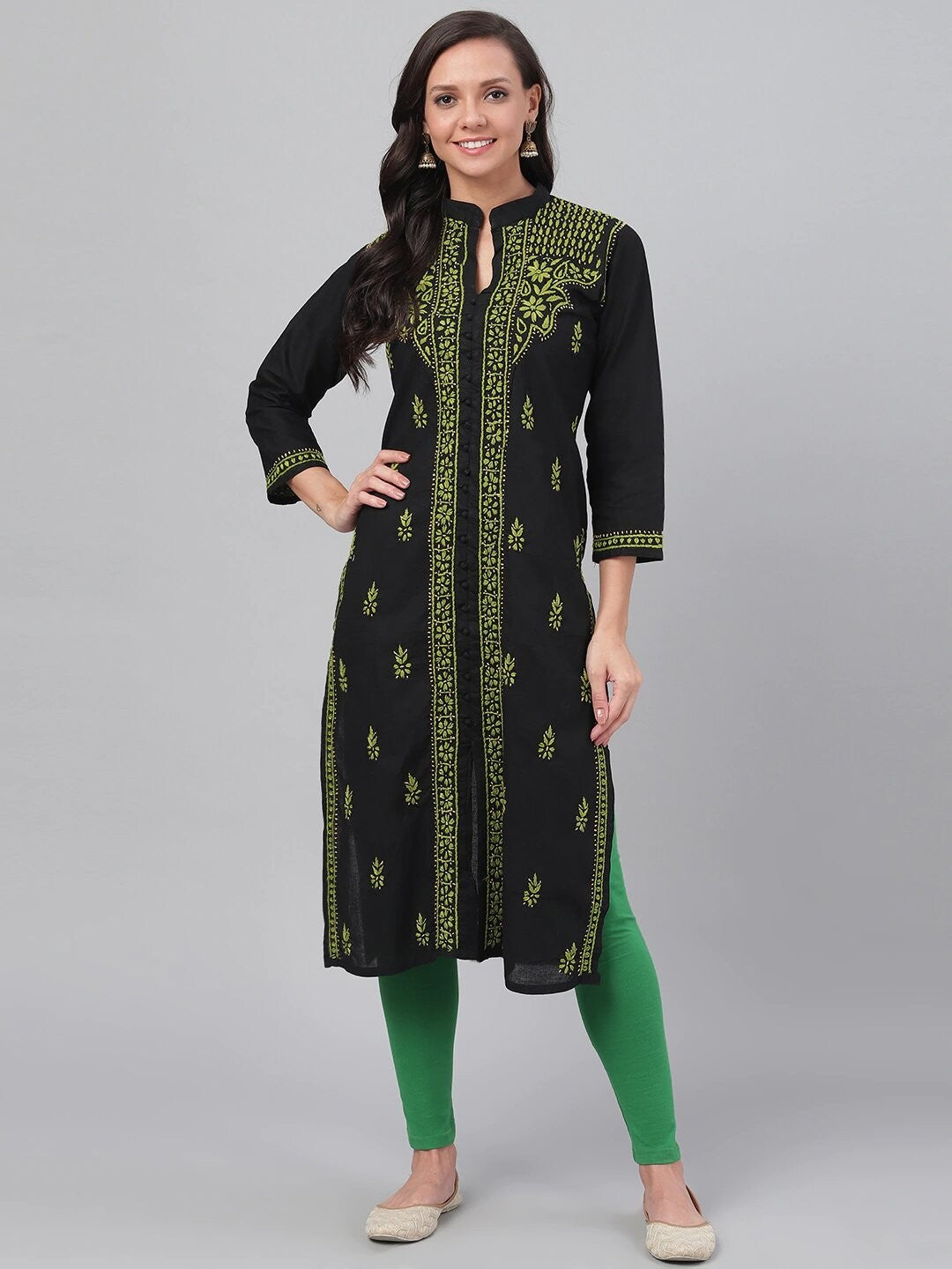 Ada Hand Embroidered Black Cotton Lucknowi Chikan Straight Kurta A444739