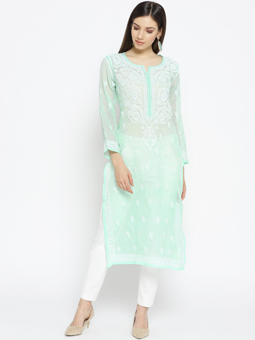 Ada Hand Embroidered Sea Green Kota Lucknow Chikankari Straight Kurta With Slip A100120