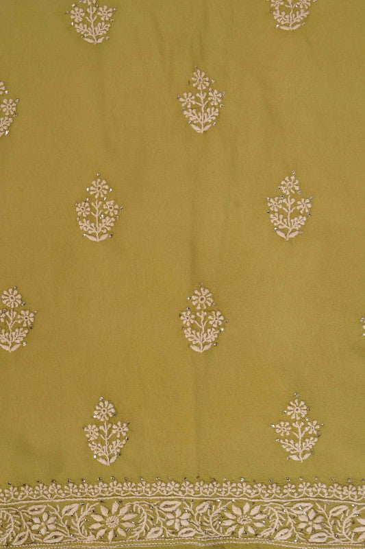 Ada Hand Embroidered Mehendi Green Pure Georgette Lucknowi Chikan Unstitched Kurta Dupatta Set A482884