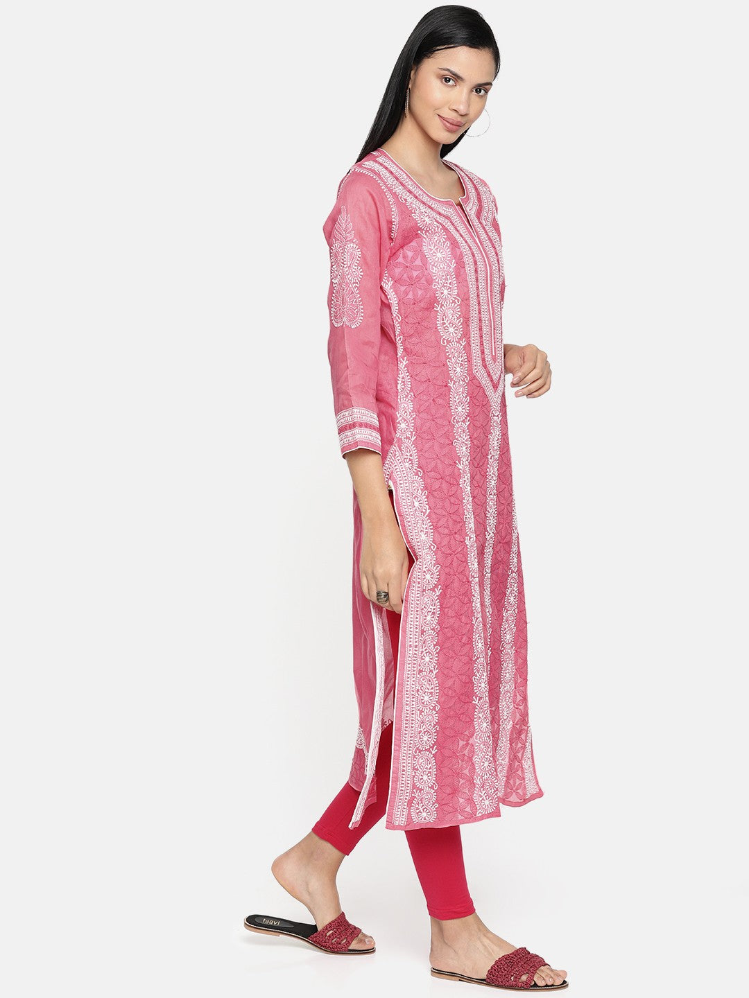 Ada Hand Embroidered Pink Cotton Lucknow Chikan Kurta- A241617