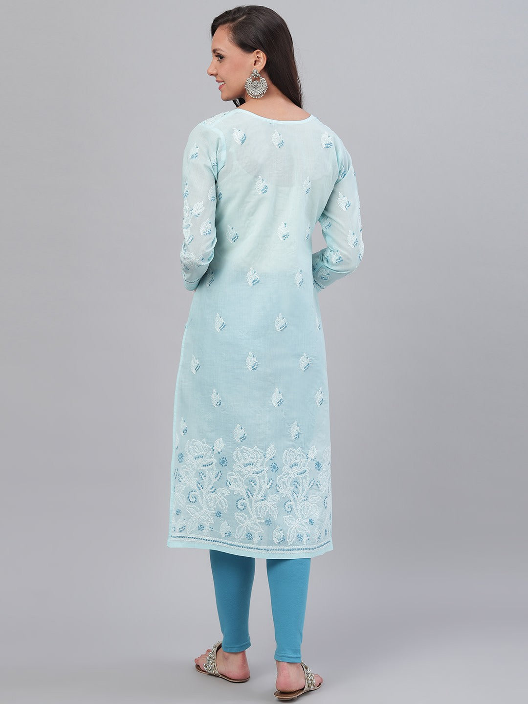 Ada Hand Embroidered Blue Cotton Lucknowi Chikankari Straight Kurta A227196